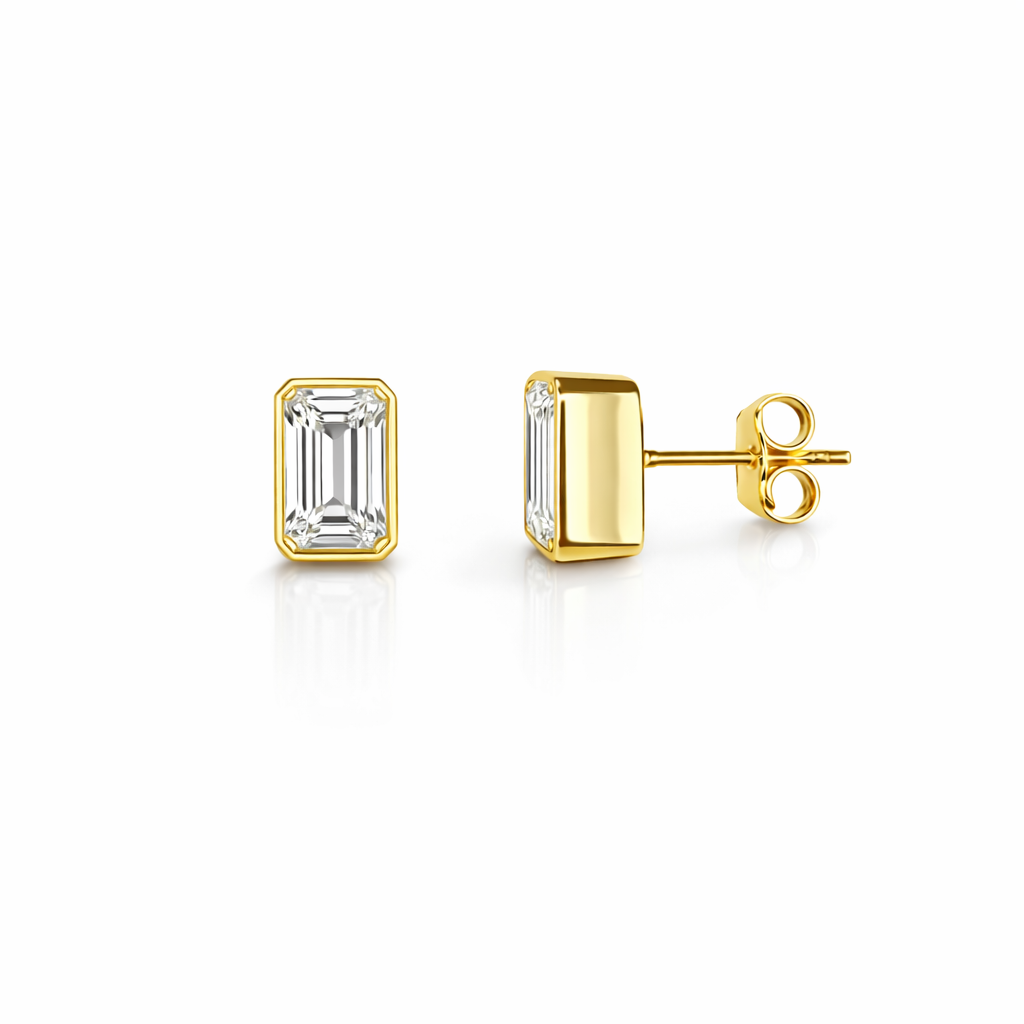 2.14ct 14K Yellow Gold Bezel Emerald Diamond Push Backs Earrings (IGI CERTIFIED)