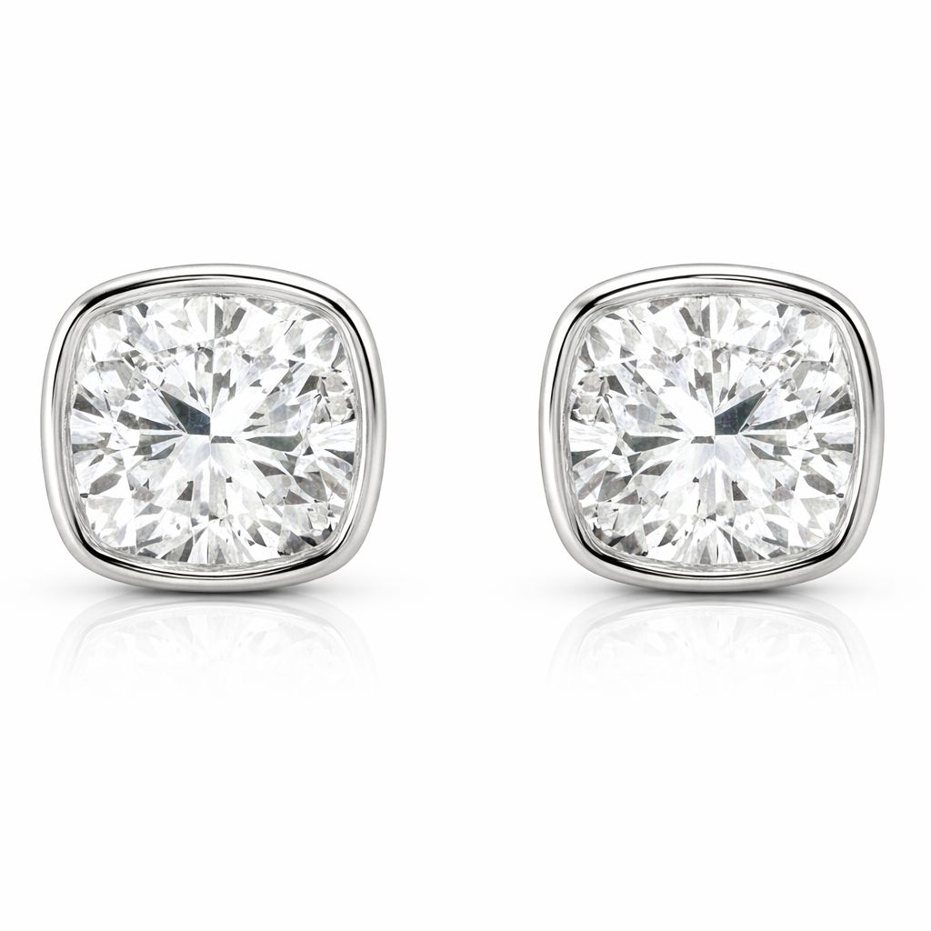 2.08ct 14K White Gold Bezel Cushion Diamond Screw Backs Earrings (IGI CERTIFIED)