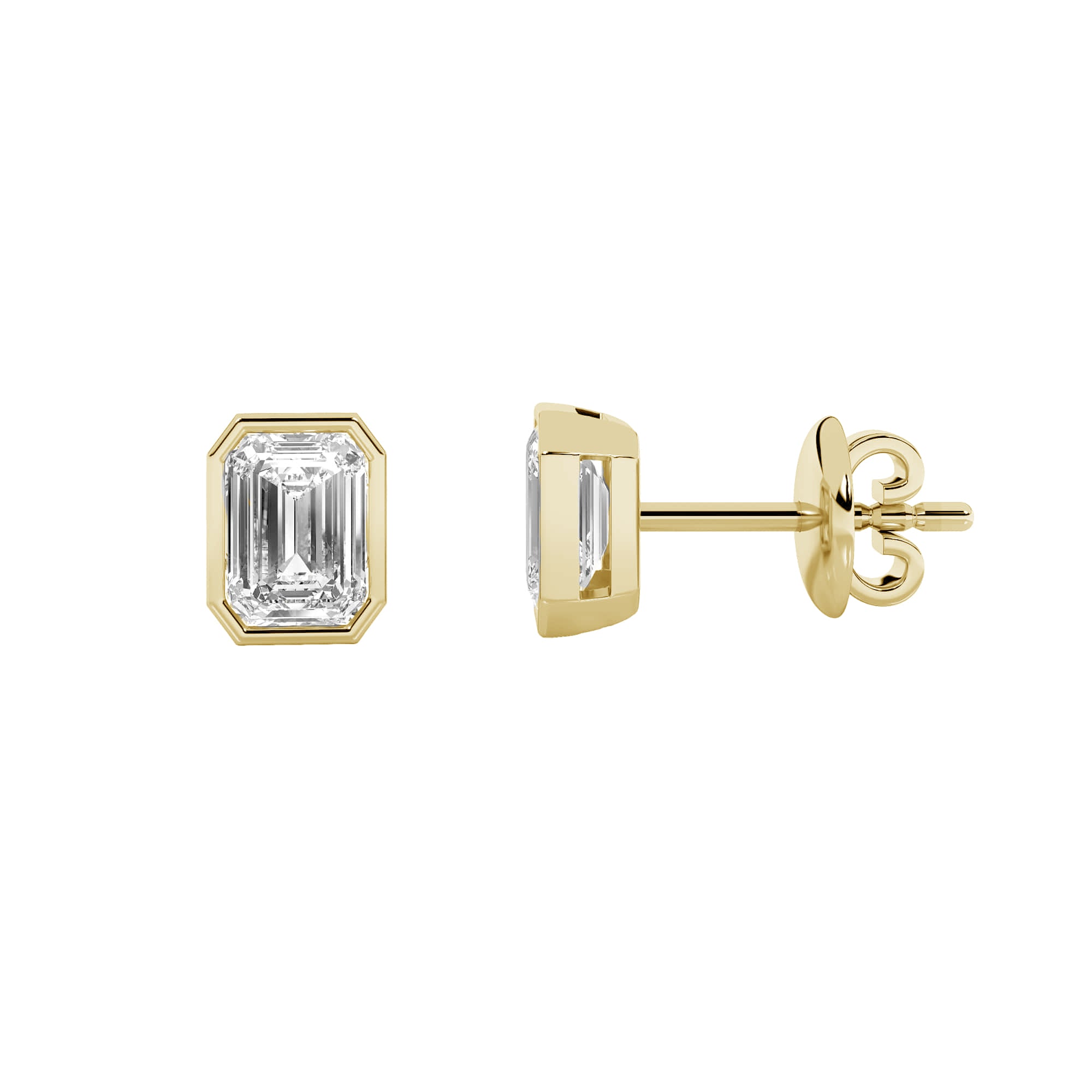 1.06ct 14K Yellow Gold Emerald Diamond Bezel Solitaire Push Back Earrings