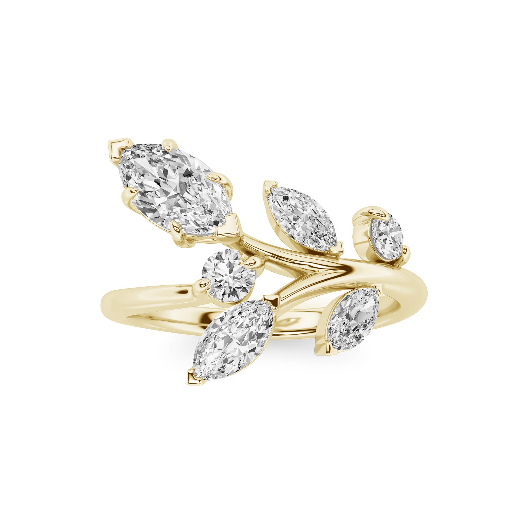 1.50ct 14K Yellow Gold Leaf Design Marquise & Round Diamond Ring