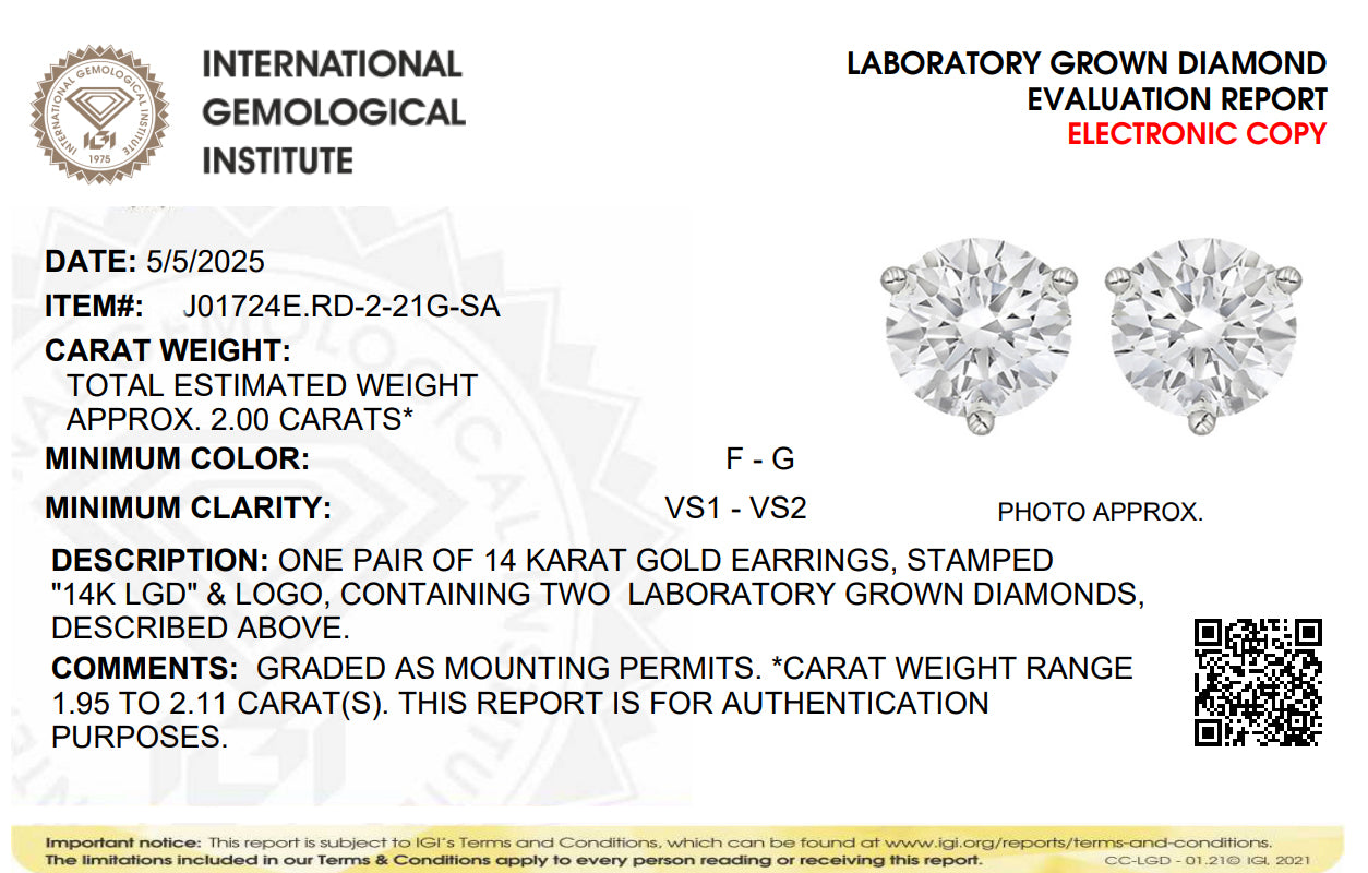 2.00ct 14K White Gold Round Diamond Martini Prong Stud Earrings (IGI Jewelry Certificate)